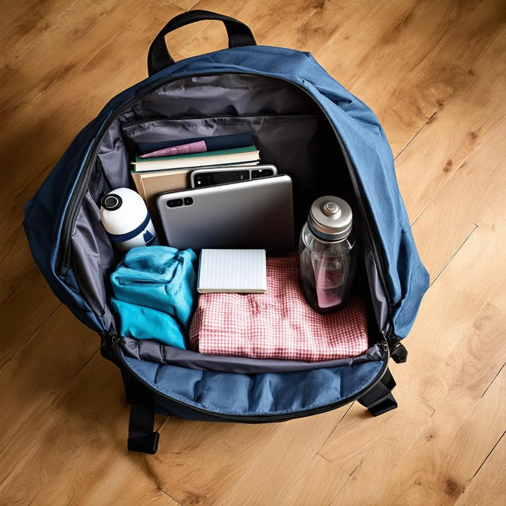 Flat lay of travel essentials neatly organized in a backpack