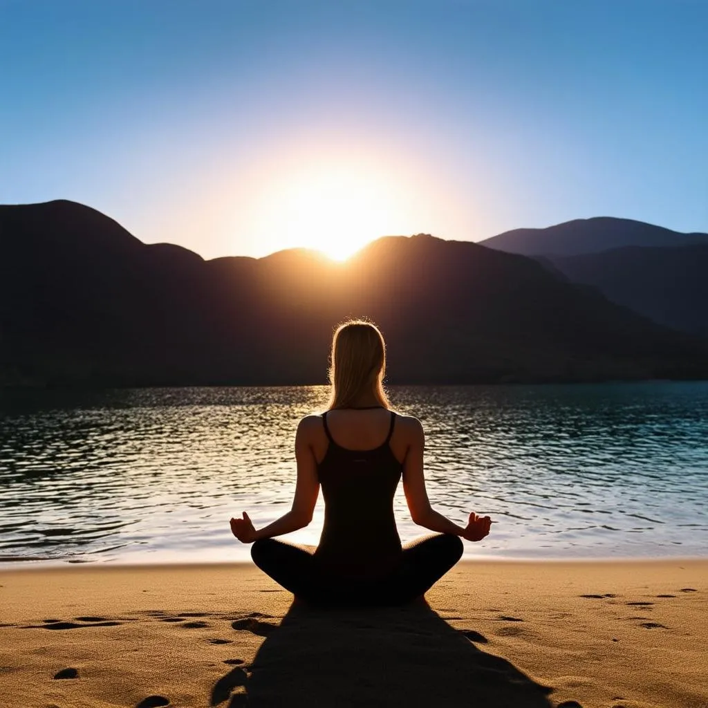 Woman meditating on a beach with mountains in the background