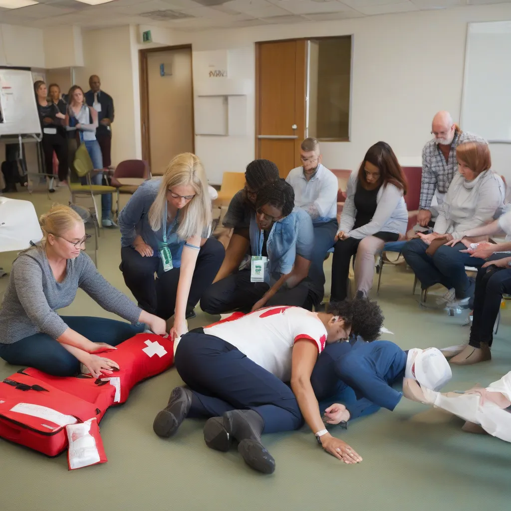 A group of people participate in a travel first aid training course.