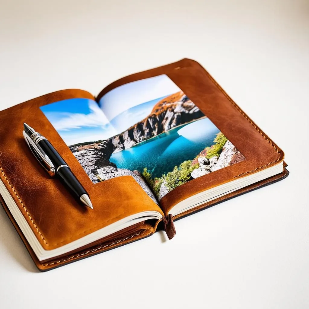 Travel Journal Open to a Scenic Photo