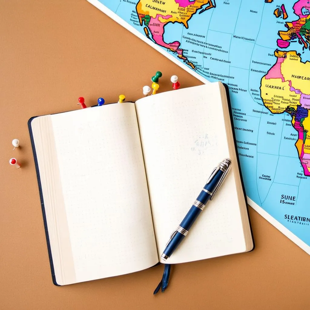 Open travel journal next to a world map