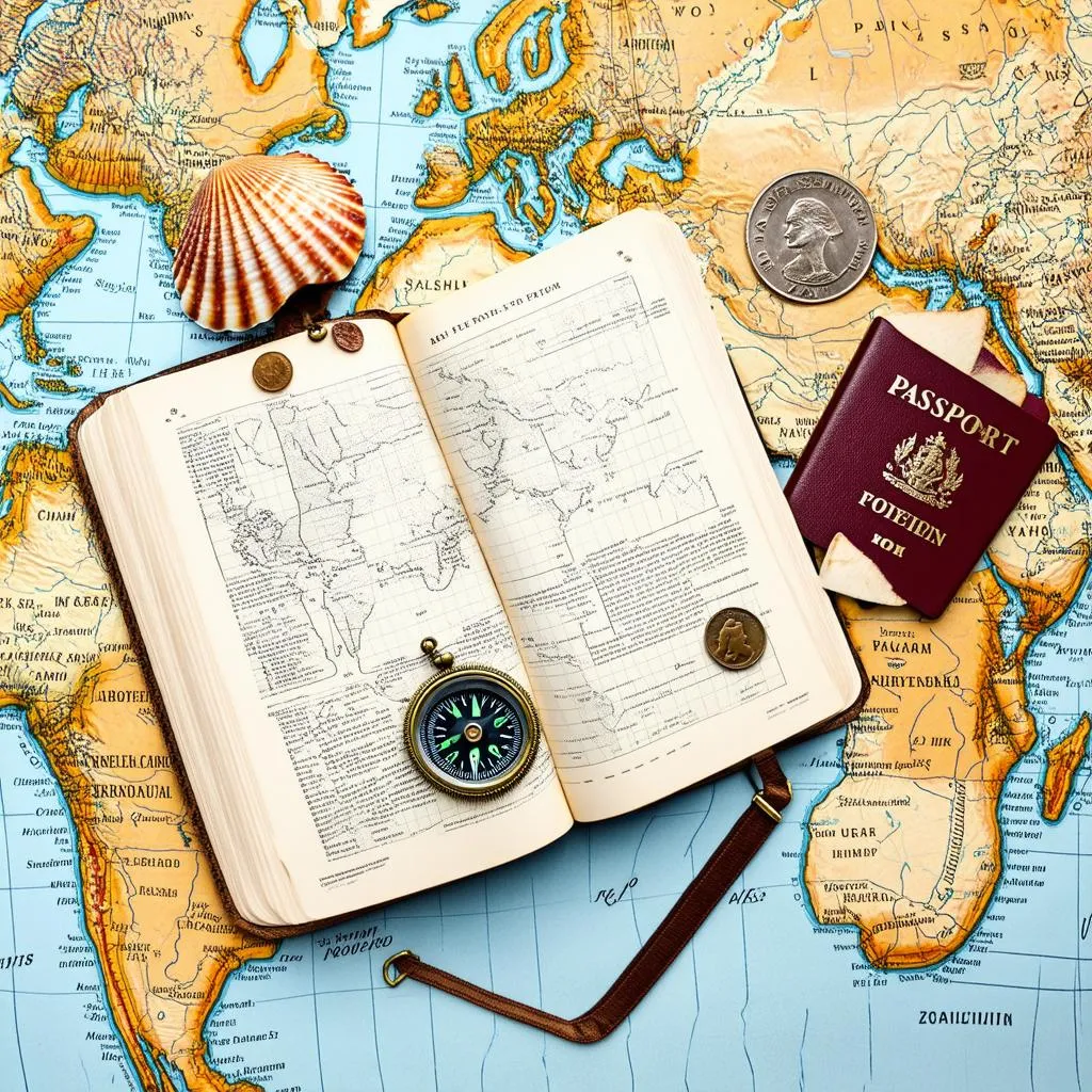 Open journal on a map with travel trinkets