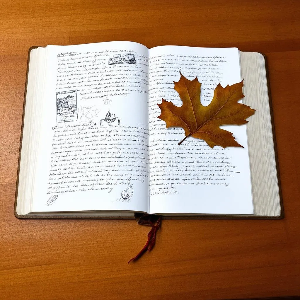 An open travel journal with an oak leaf marking the page