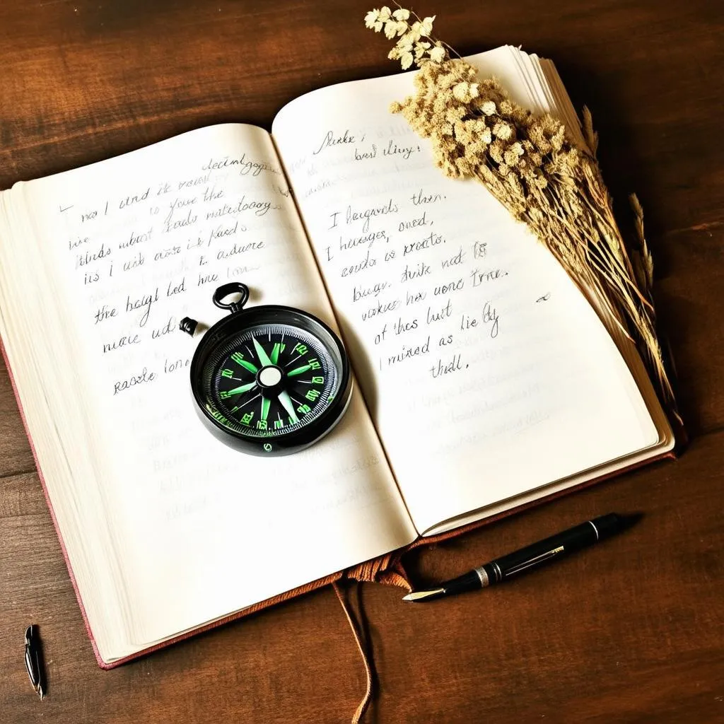 Open travel journal with compass and inspirational quotes