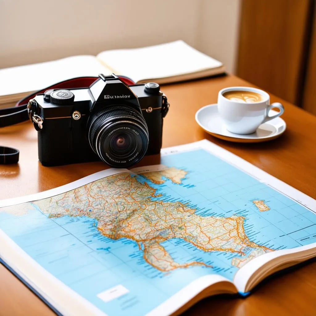 A map spread out on a table with a cup of coffee and travel guides