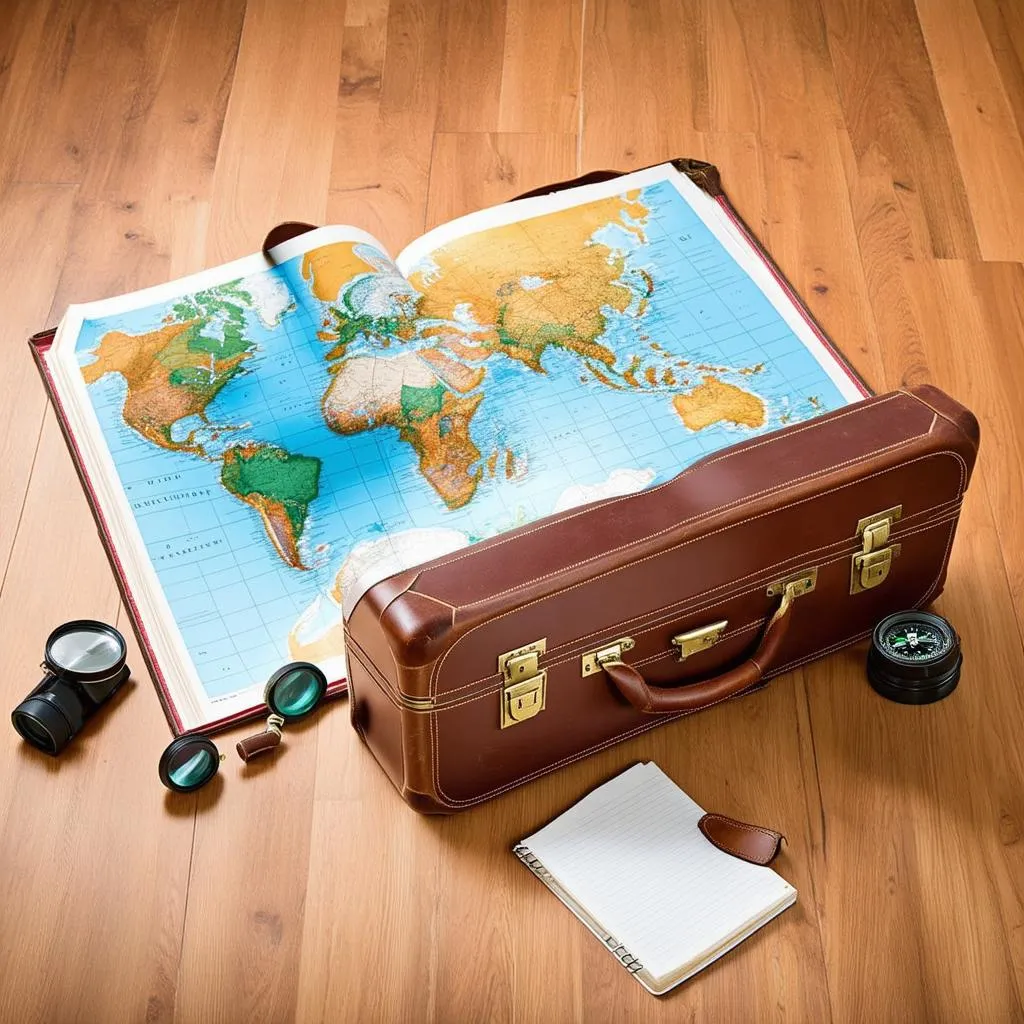 A world map spread out on a wooden floor with a vintage suitcase and travel accessories.