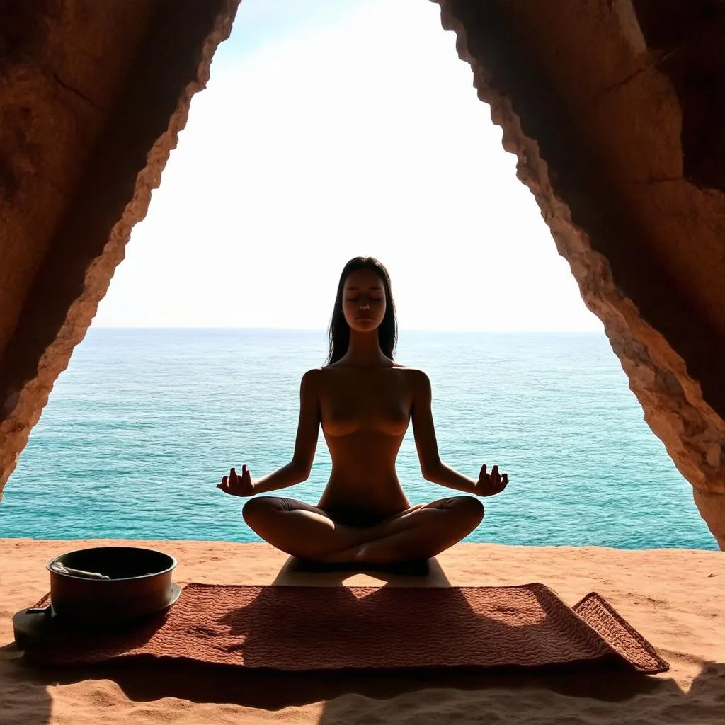 A person meditating amidst a serene travel destination