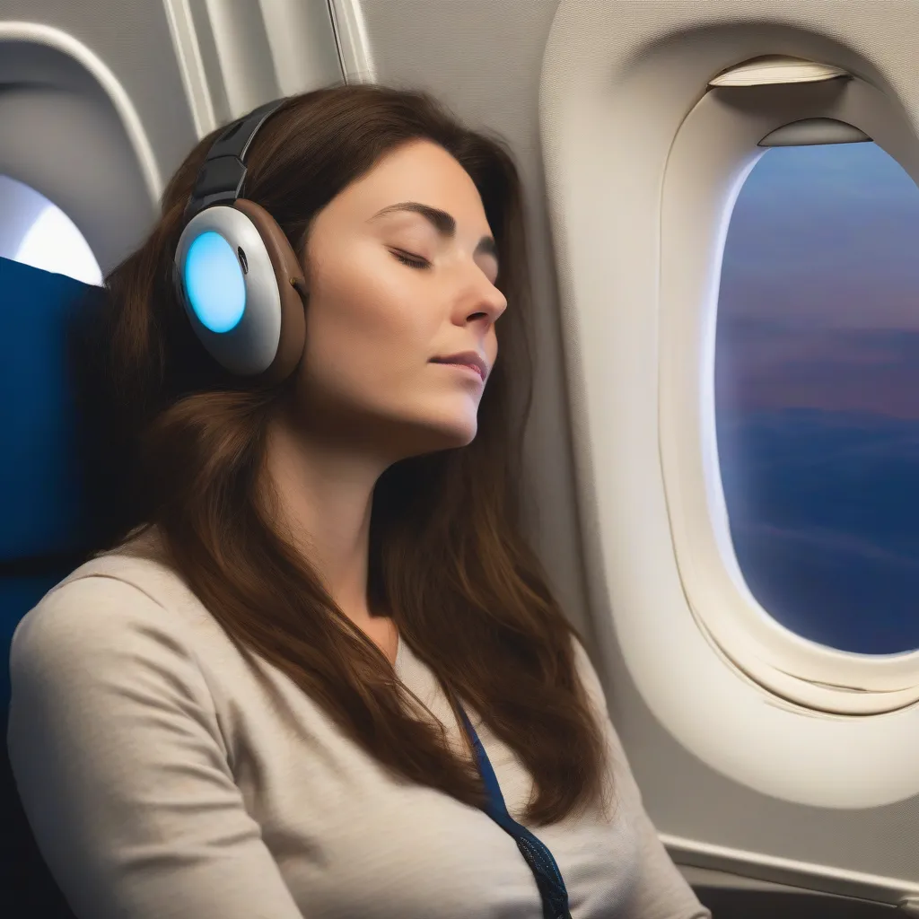 Woman Sleeping Comfortably with a Neck Pillow on a Plane