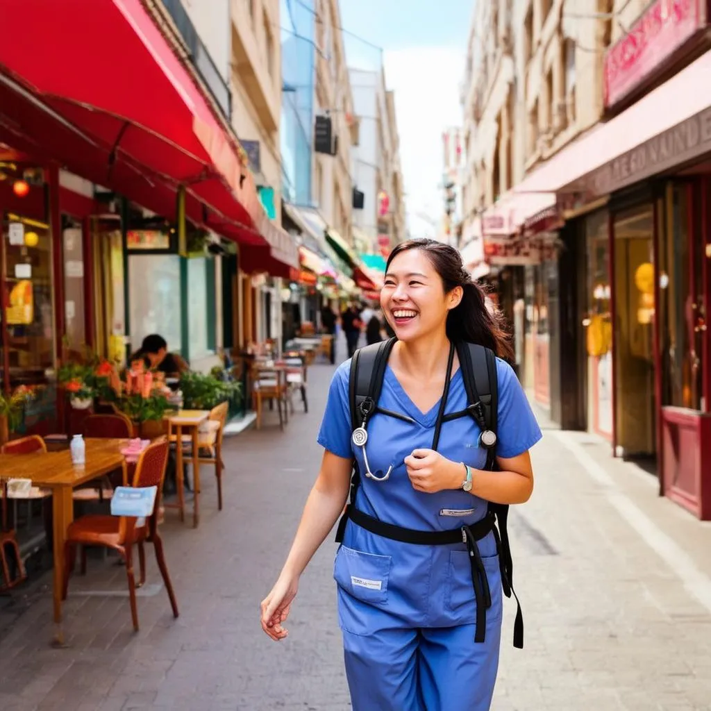 A travel nurse exploring a new city