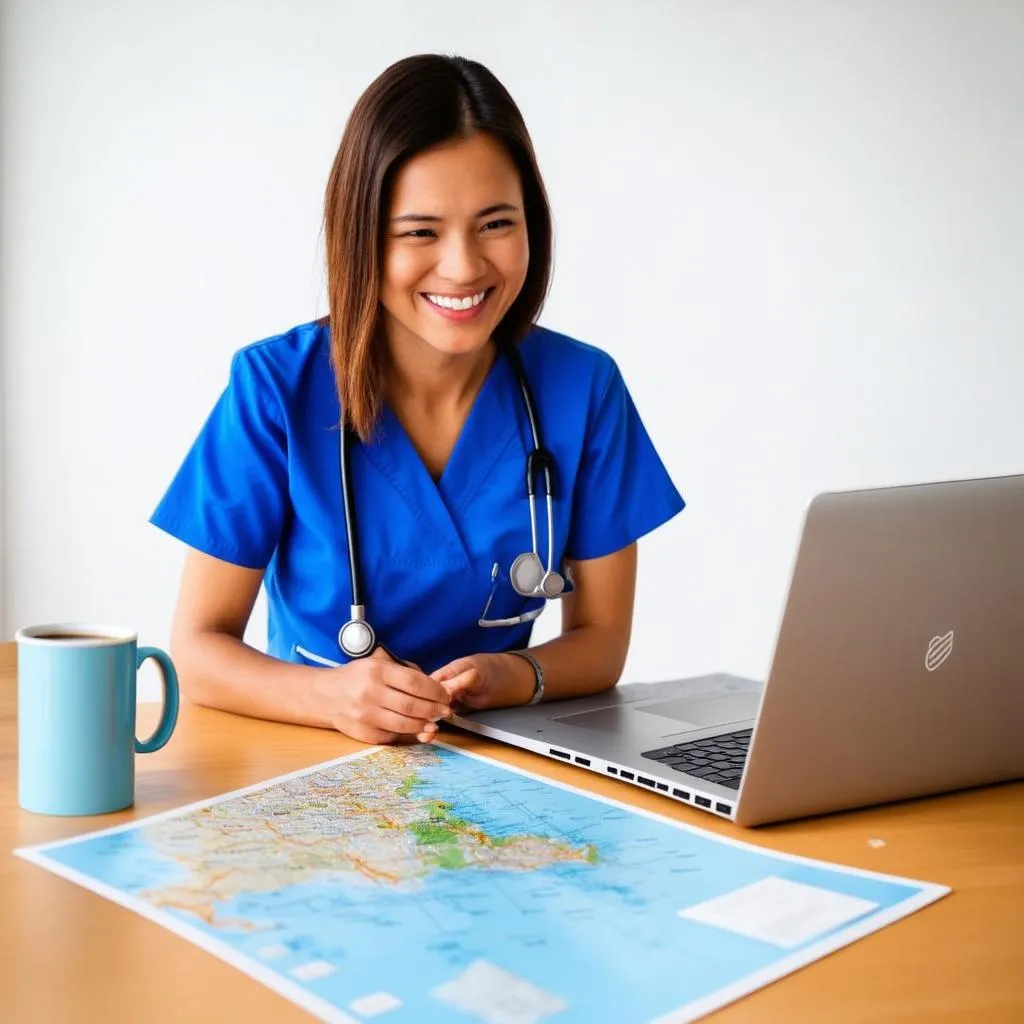 A travel nurse sits at a table with a laptop and a map, planning a trip.