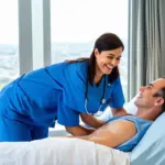 A travel nurse working with a patient in a modern hospital room.