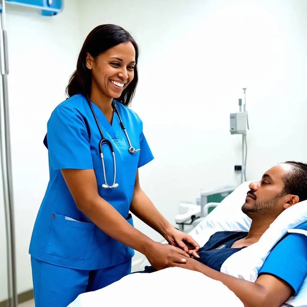 Smiling Travel Nurse Assisting Patient