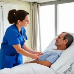 A travel nurse in scrubs smiles while caring for a patient.