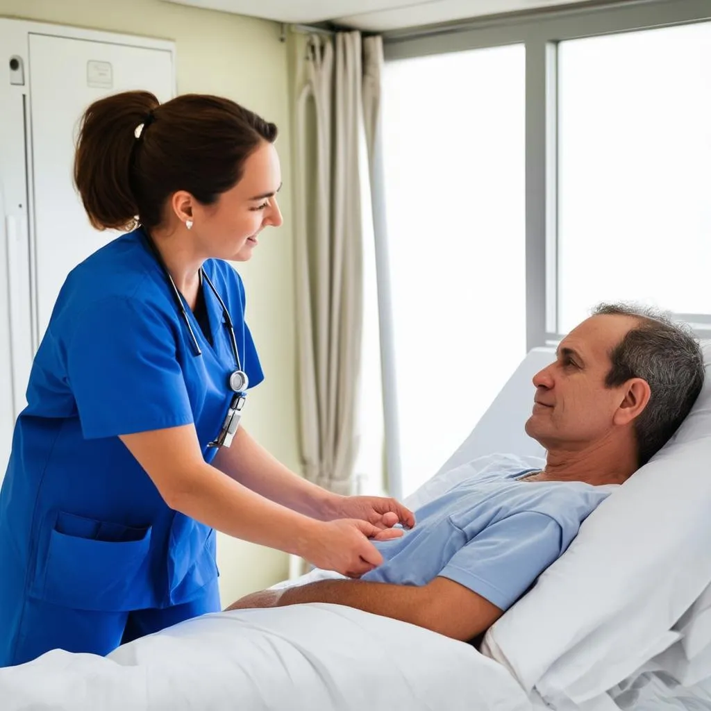 A travel nurse in scrubs smiles while caring for a patient.