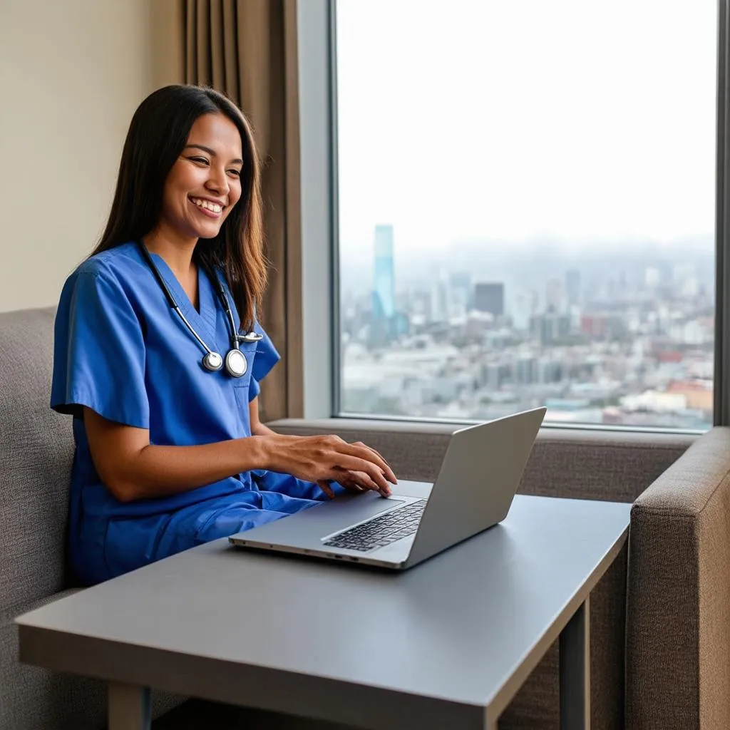 Travel Nurse Working on Laptop