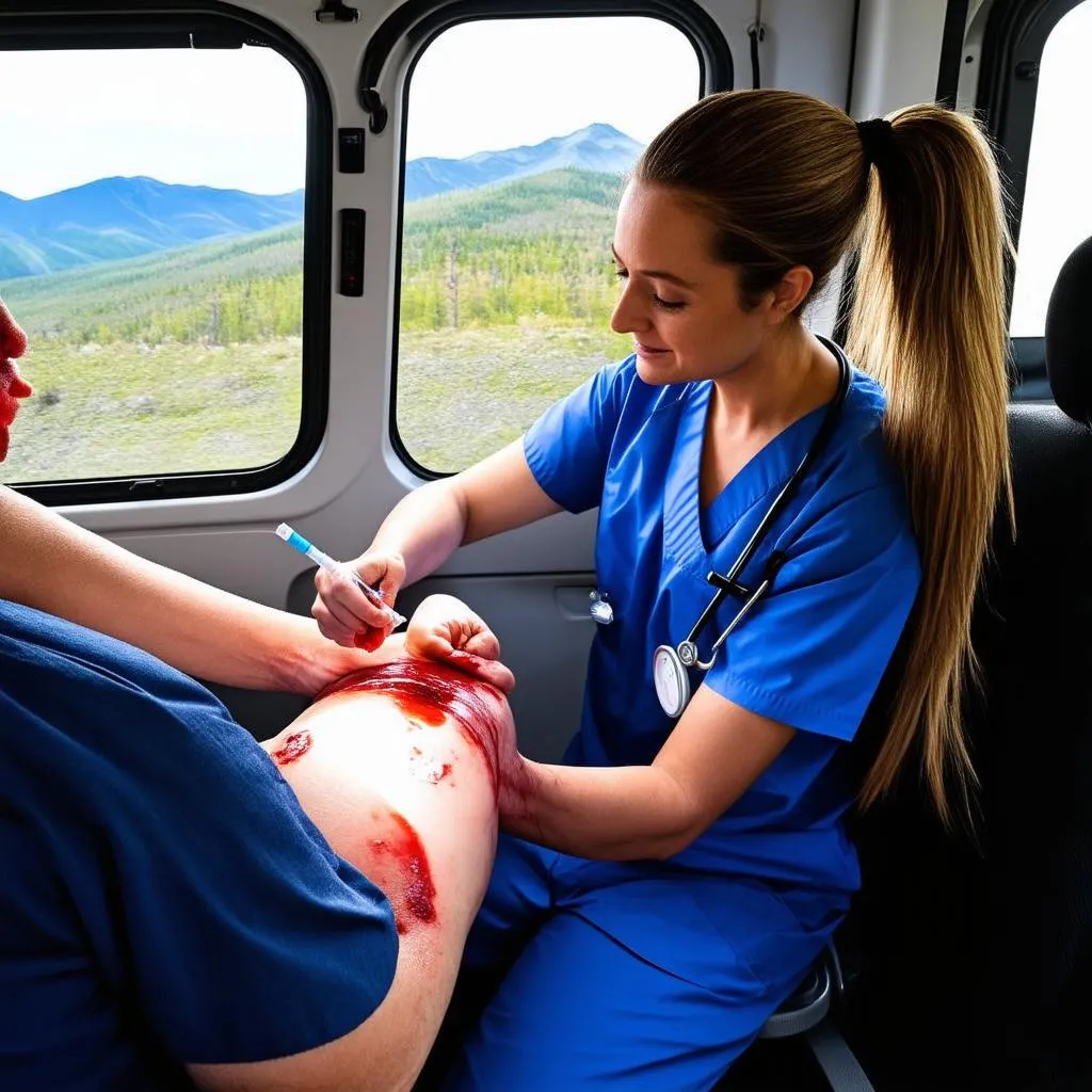 Travel Phlebotomist Drawing Blood in Nature