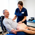 travel physical therapist helping a patient with exercises