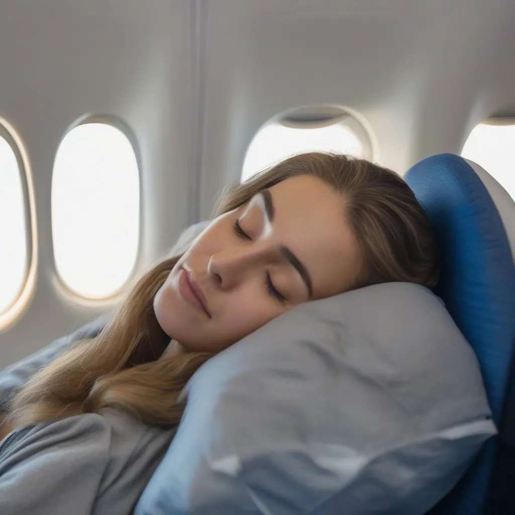 Woman sleeping peacefully on an airplane with a travel pillow