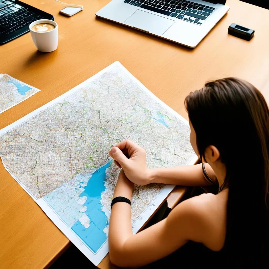 Planning a vacation using a laptop and map