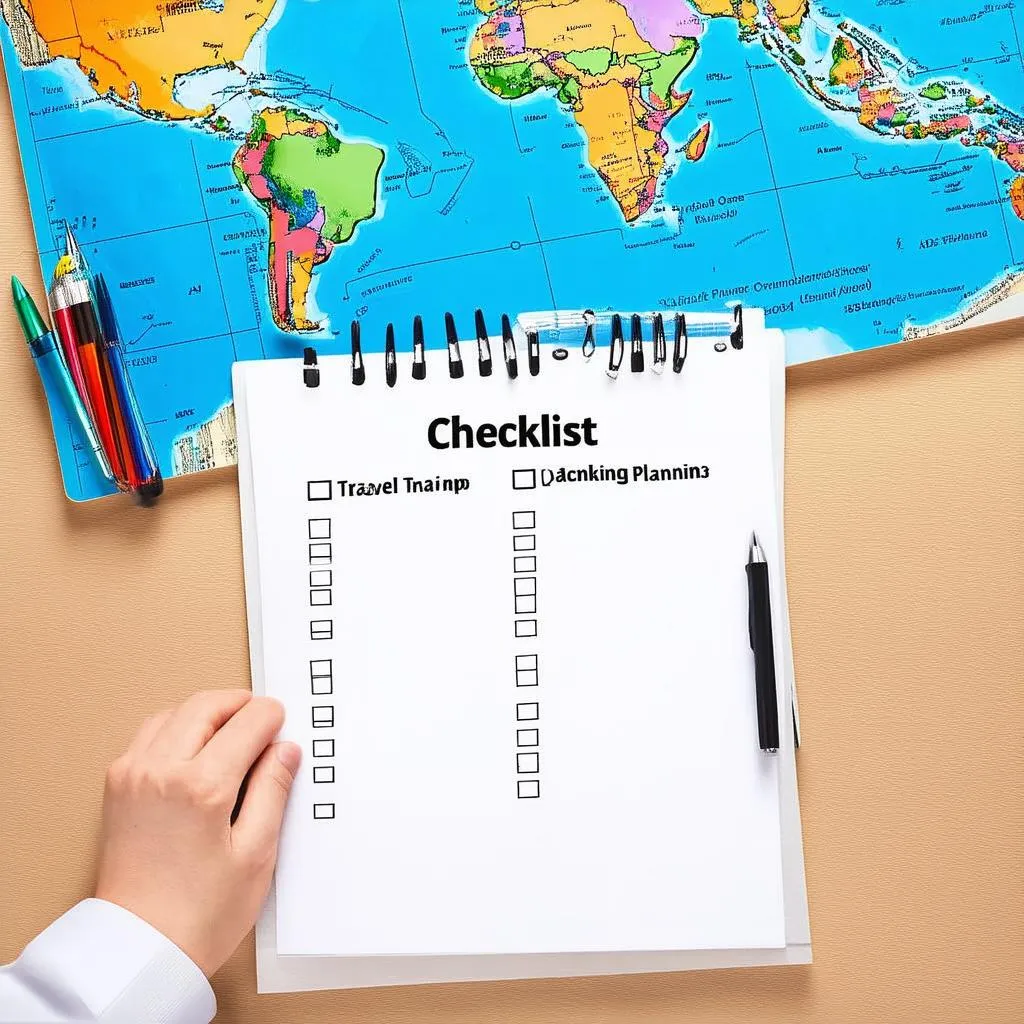 Travel planning checklist with a world map in background