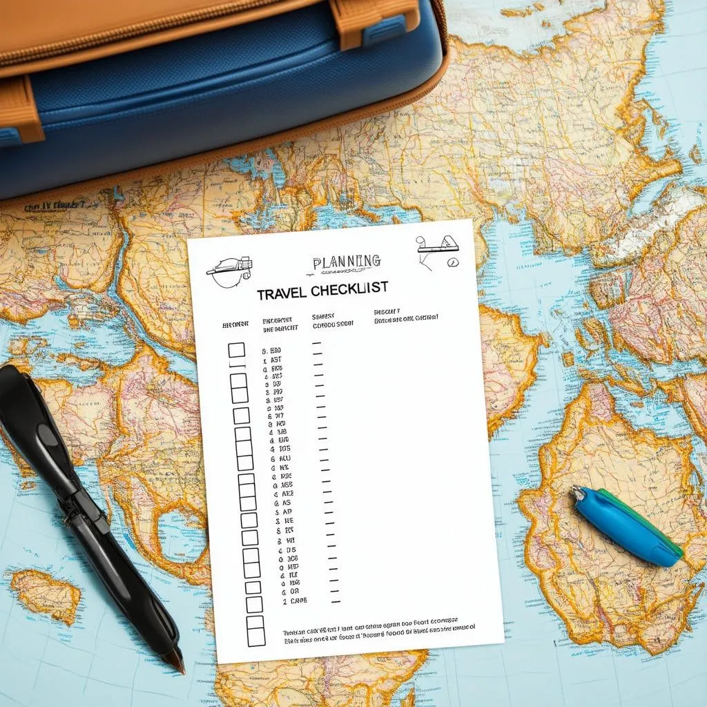 Travel planning checklist with a map and luggage in the background