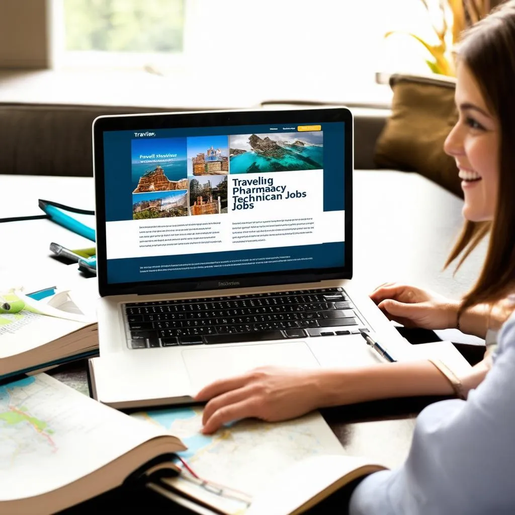 A person researching travel destinations on a laptop while surrounded by travel guides and maps.