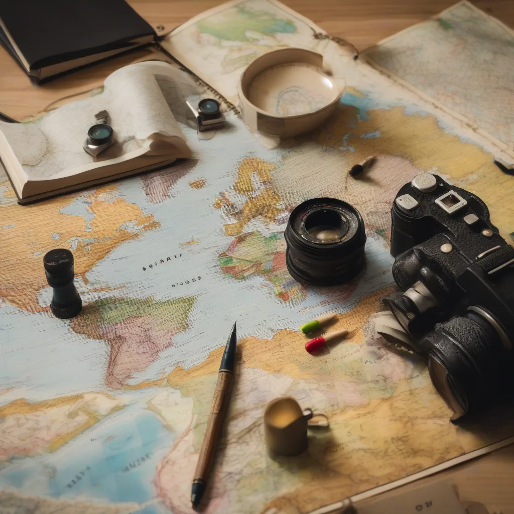 A world map with pushpins marking various destinations, surrounded by travel books and a notebook with a pen.