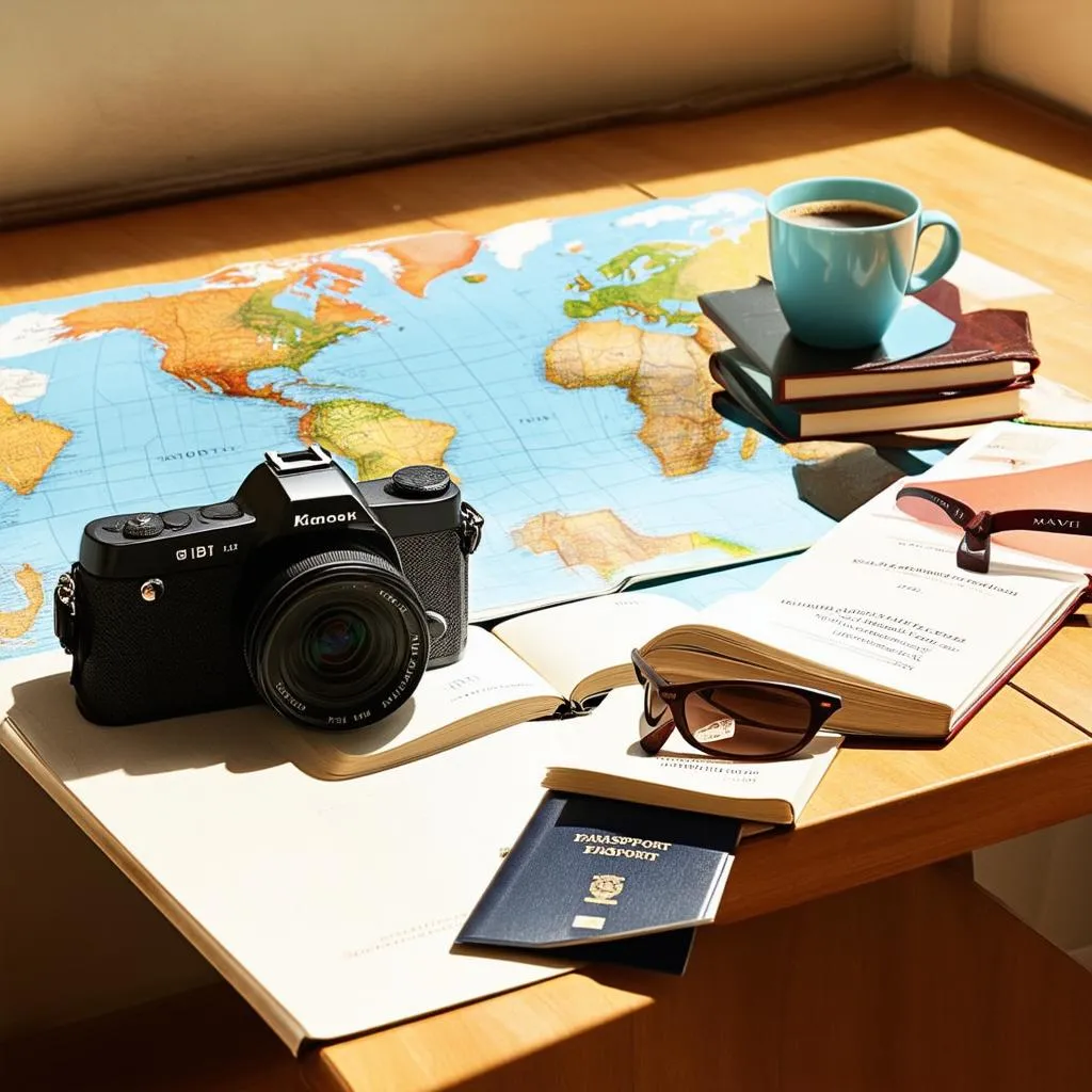 A map lays open on a table, surrounded by travel guides, a camera, and a cup of coffee.