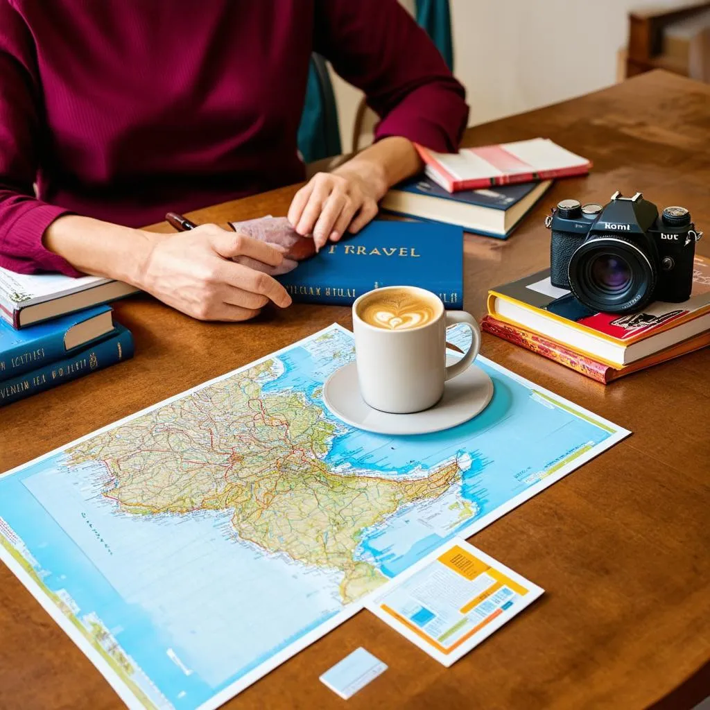 A person plans a trip using a map and travel guides.