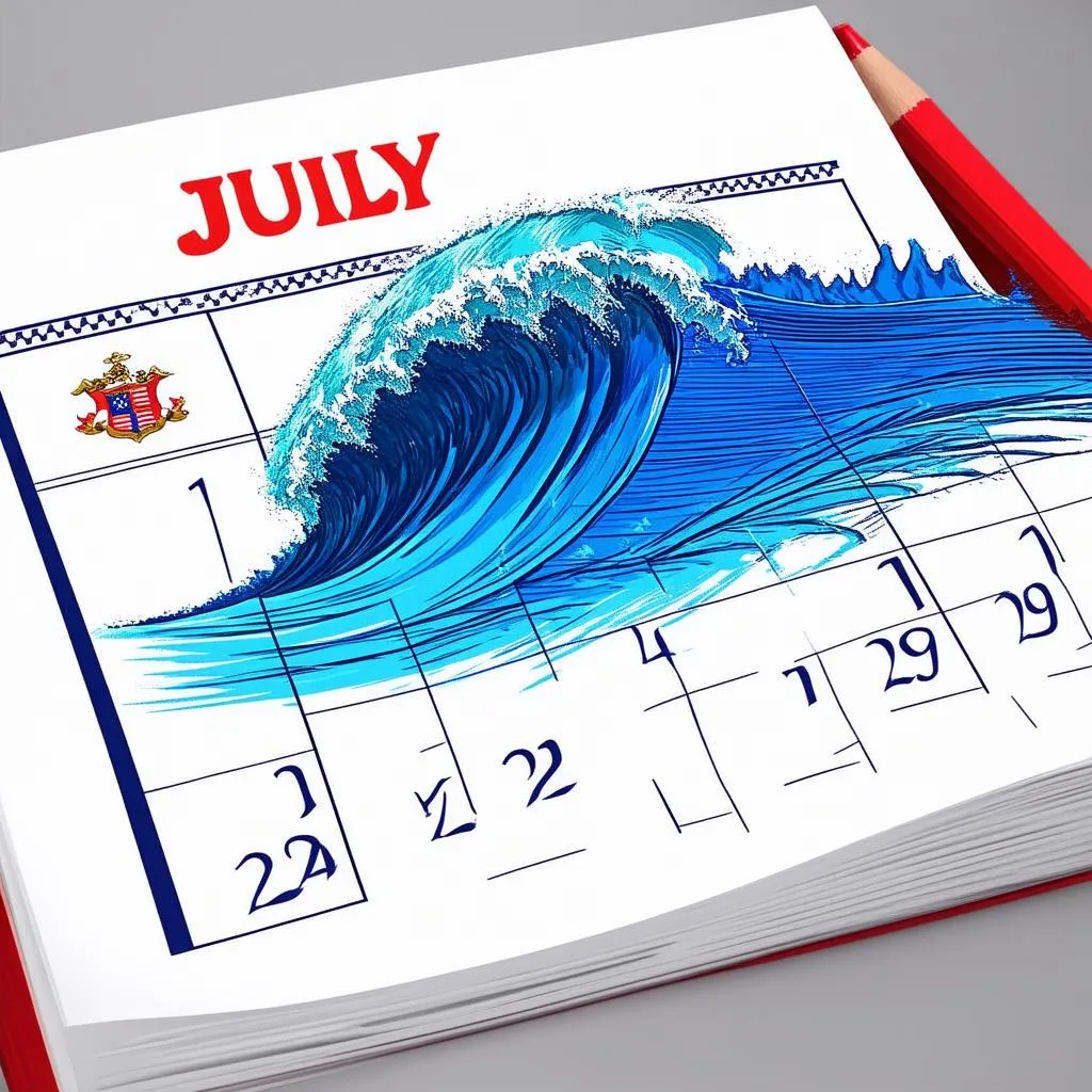 A calendar with a wave graphic superimposed, symbolizing planning travel around peak seasons.