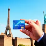 Holding a travel SIM card against a backdrop of famous landmarks