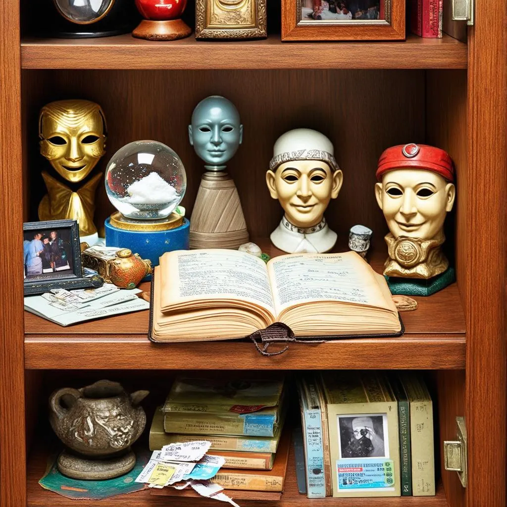 Travel souvenirs on a bookshelf