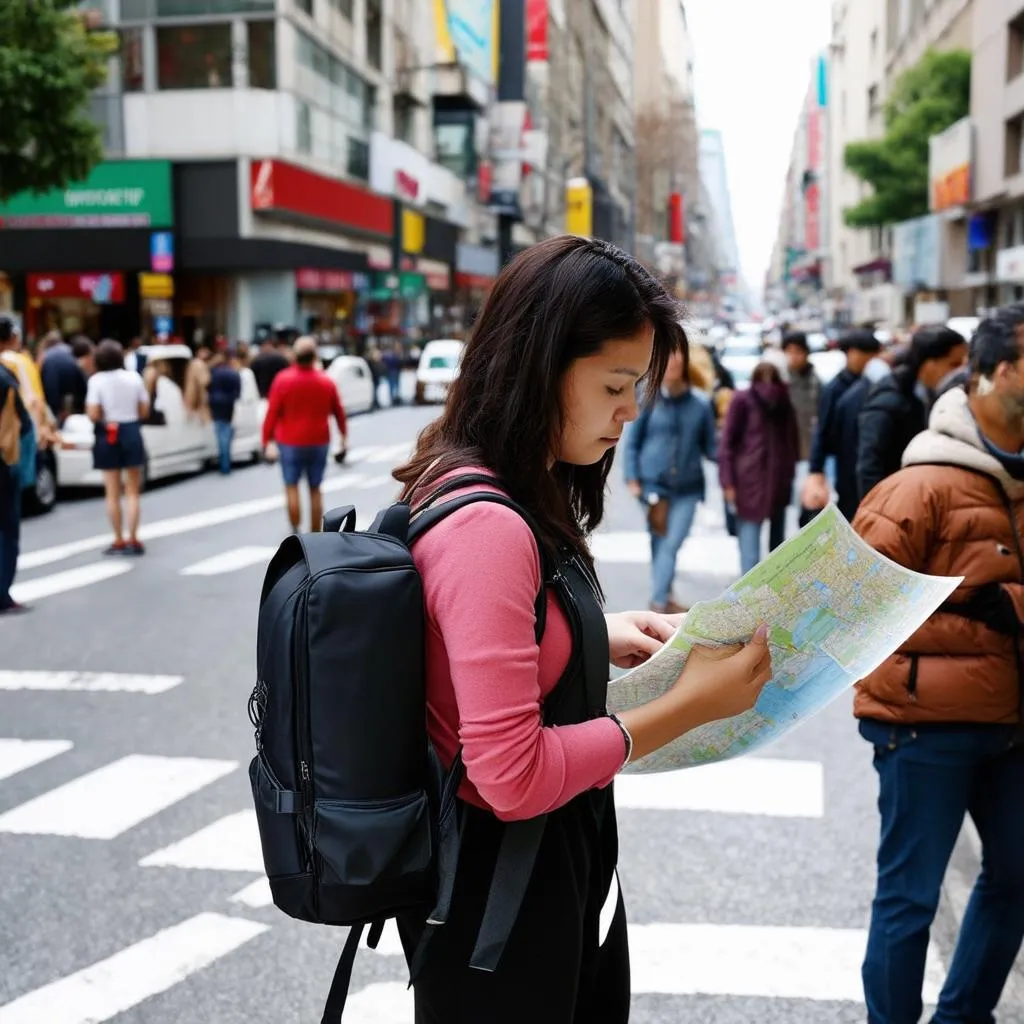 Woman feeling overwhelmed while checking map during travels