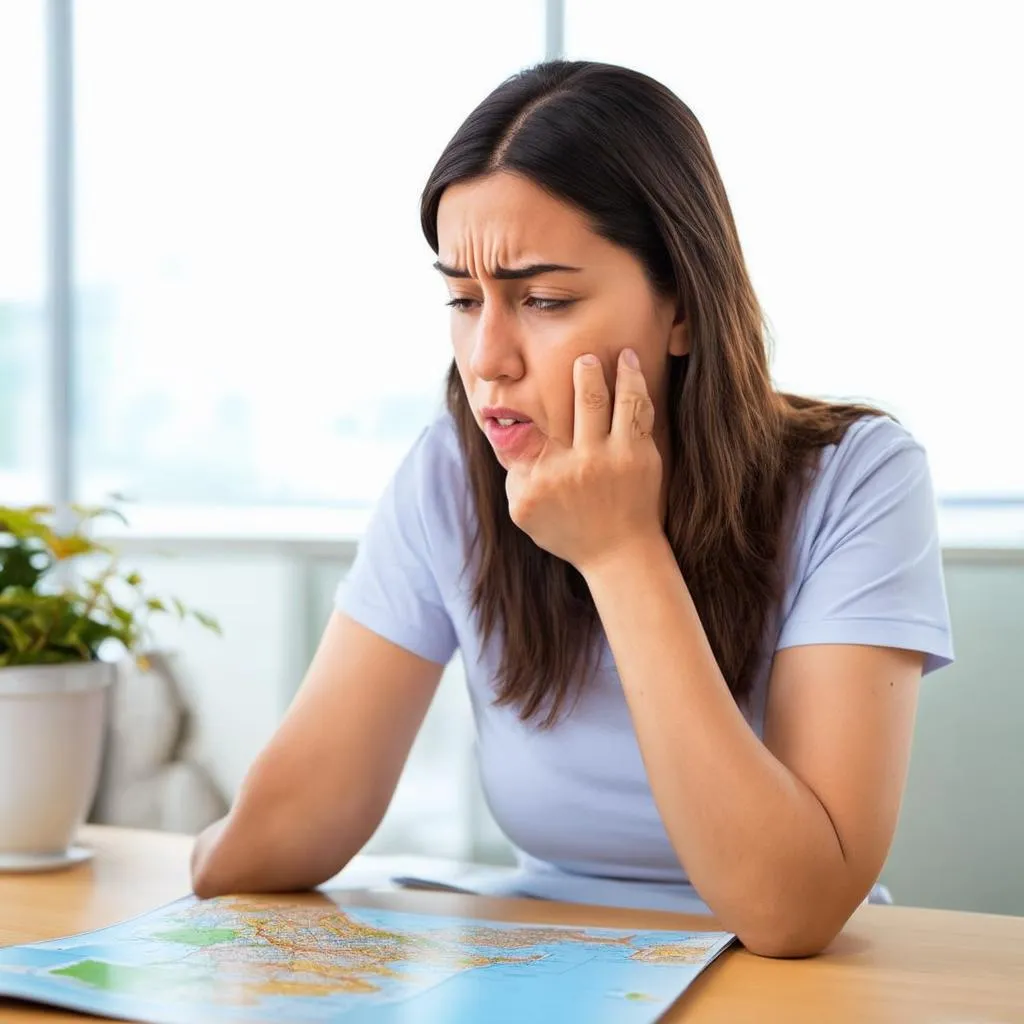 Woman feeling stressed while looking at a map