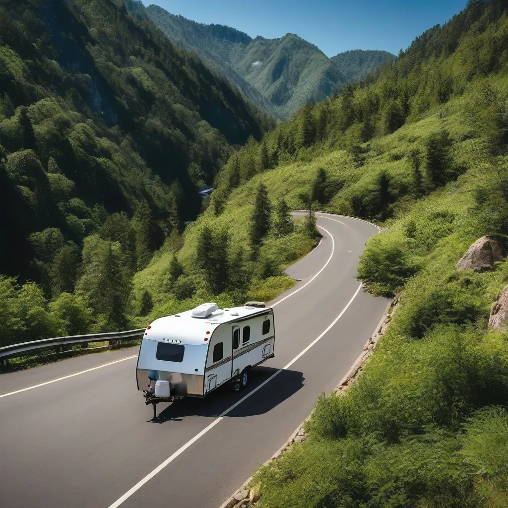 Travel trailer on a winding mountain road