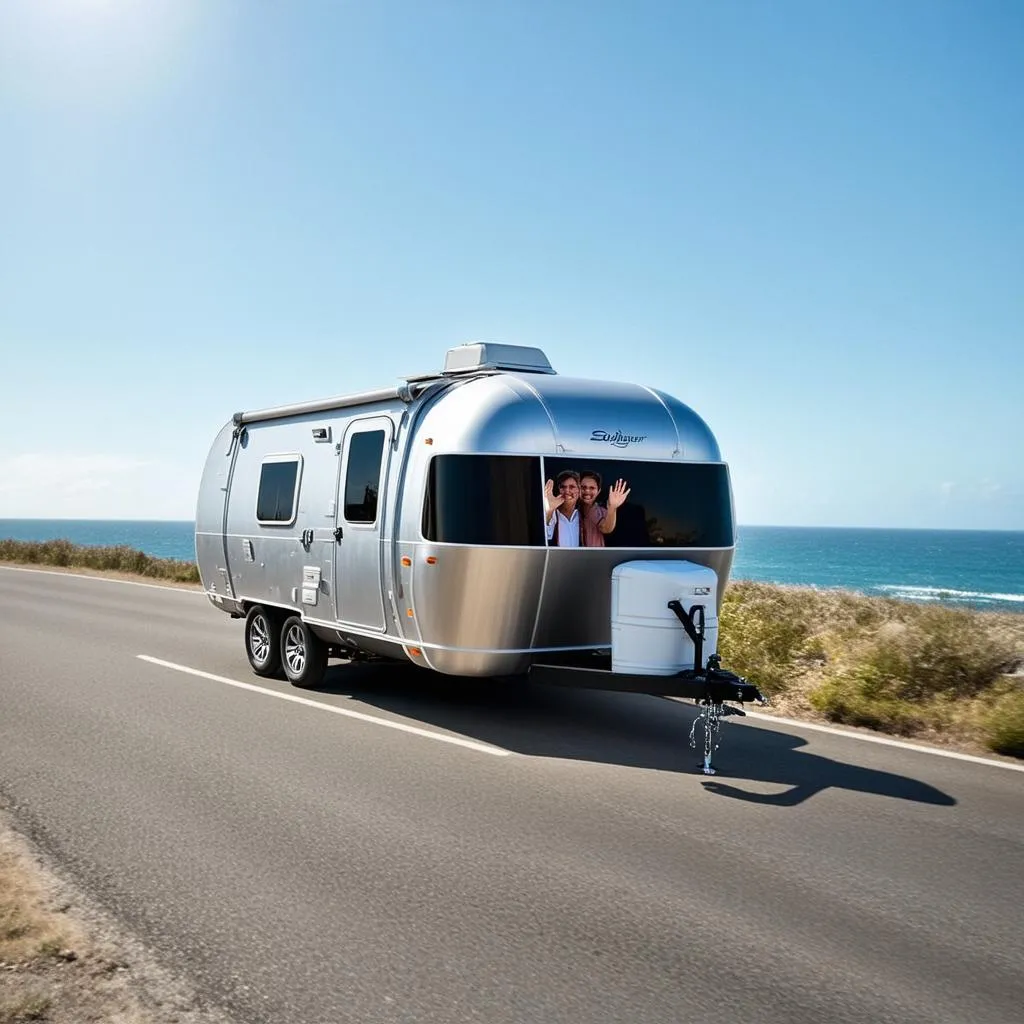 Couple driving their travel trailer along the Pacific Coast Highway