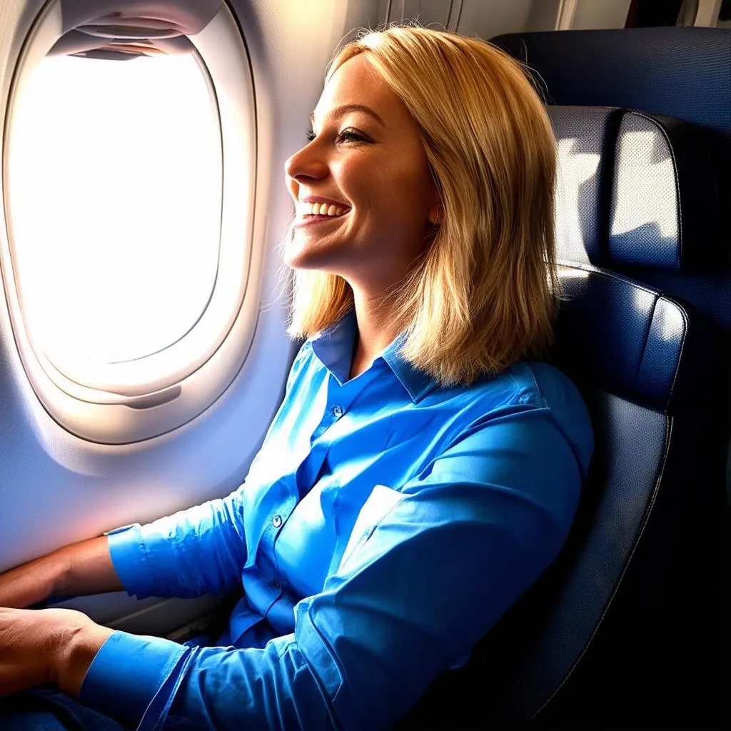 Woman smiling at the window seat of an airplane