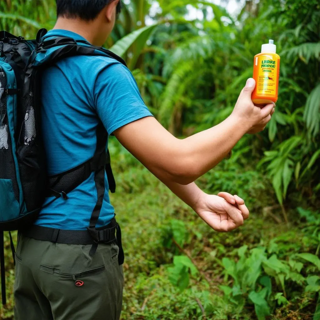 Traveler Using Insect Repellent