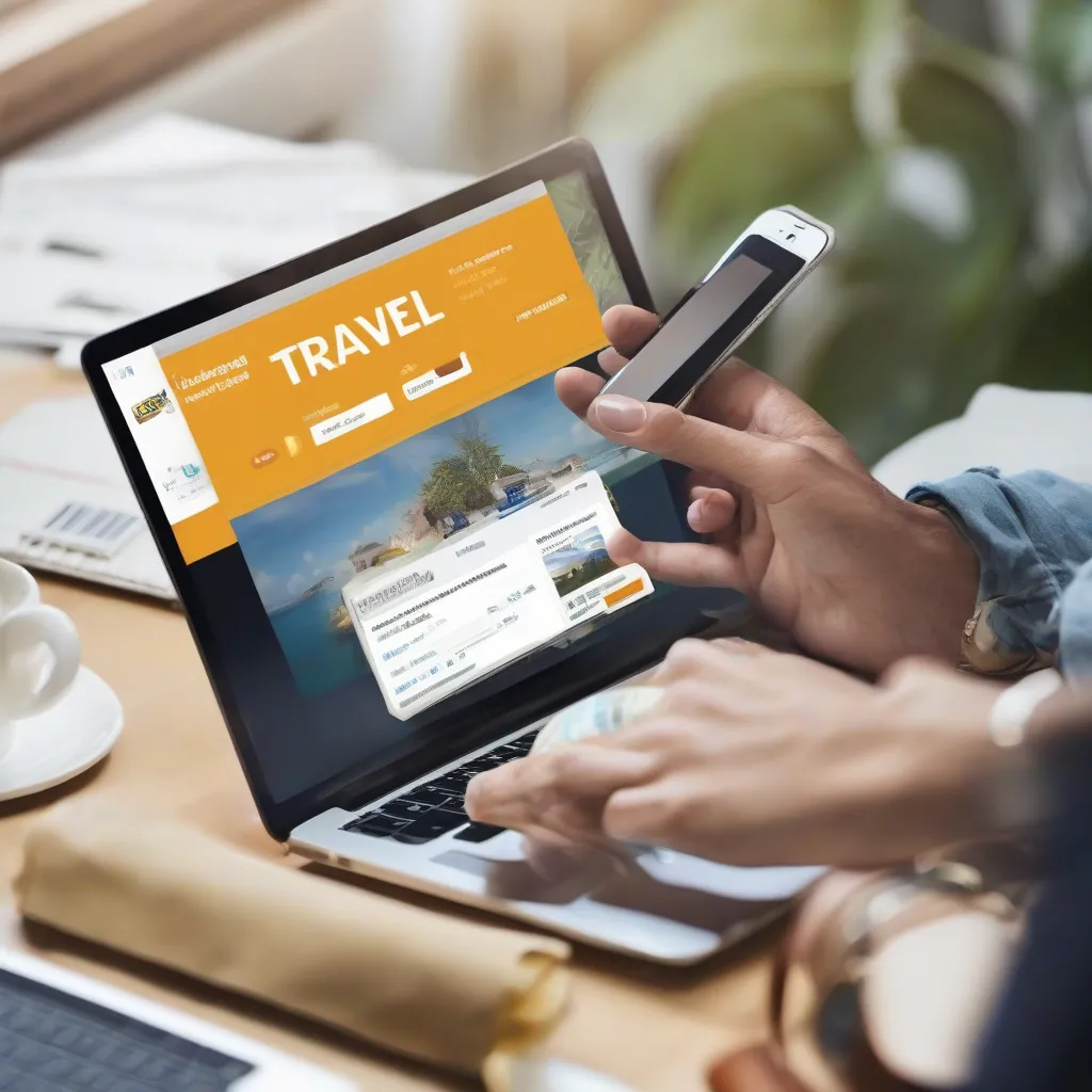 Traveler Booking Trip on Laptop with Phone