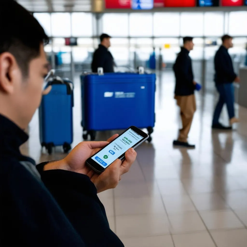 Traveler checking airline baggage regulations on a smartphone