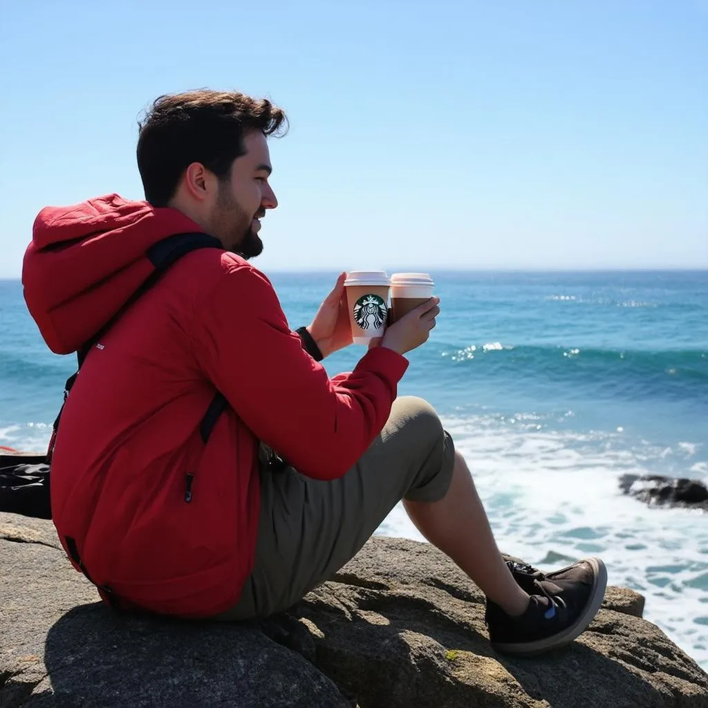 Traveler enjoying coffee