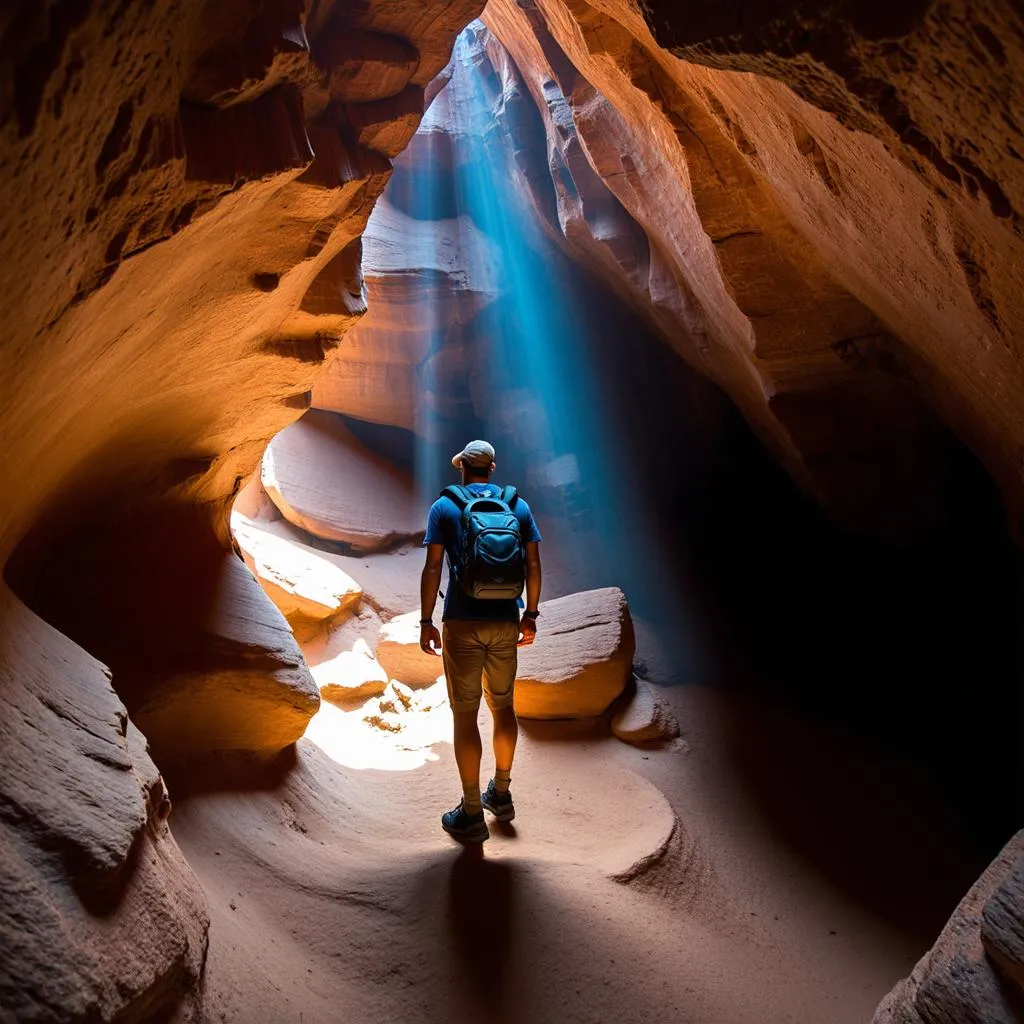 Traveler Exploring a Cave