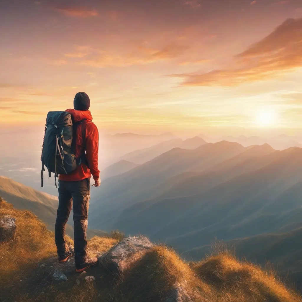 A traveler guy with a backpack standing on a mountain top looking at the sunrise