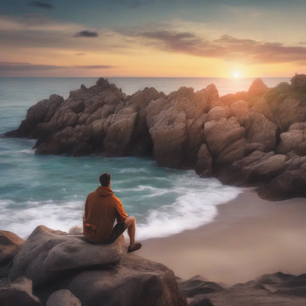 A traveler guy sitting on a rock by the beach watching the sunset