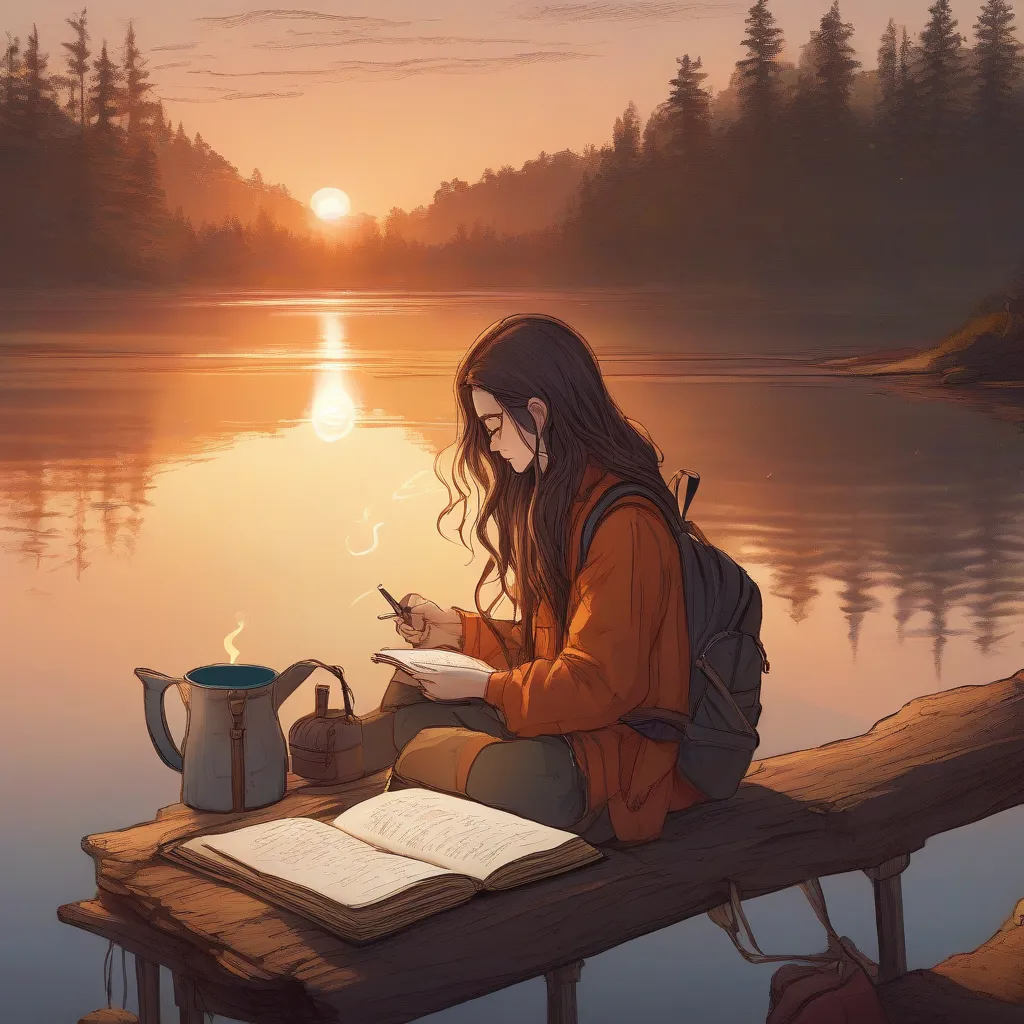 A person sitting by a serene lake, writing in a journal with a steaming cup of tea beside them