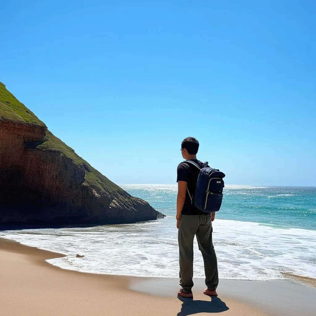 A traveler listens to the calming sounds of ocean waves crashing on the shore.