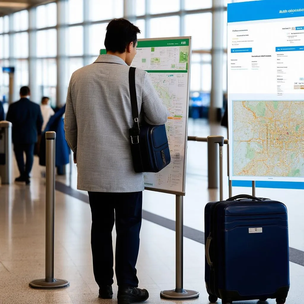 Traveler looking at a map with luggage