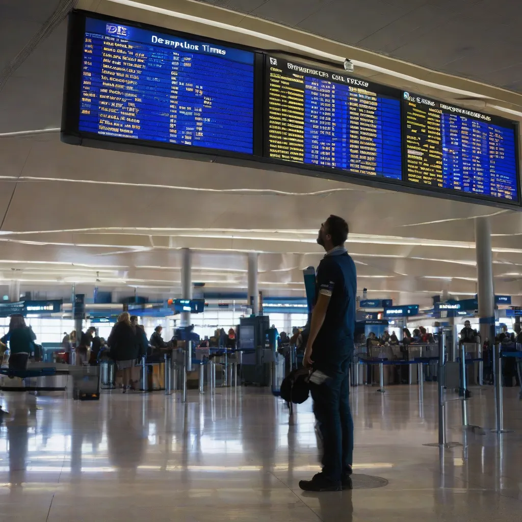 A person checks departure times on a flight schedule board