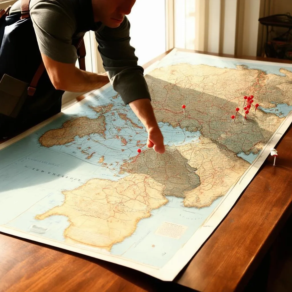 A traveler leans over an old map, planning their next adventure