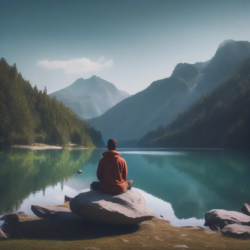 Traveler Meditating in Serene Landscape